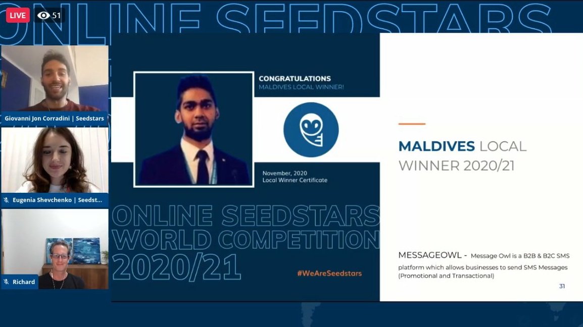 Congratulations to the team of <a href="/msgowl/">Message Owl</a> for winning the first <a href="/Seedstars/">Seedstars</a> World - Local Competition held in Maldives. They would go through an intense investment readiness &amp; mentorship prog and proceed to the Asia Regional Competition.

In partnership with <a href="/Dhiraagu/">Dhiraagu</a>