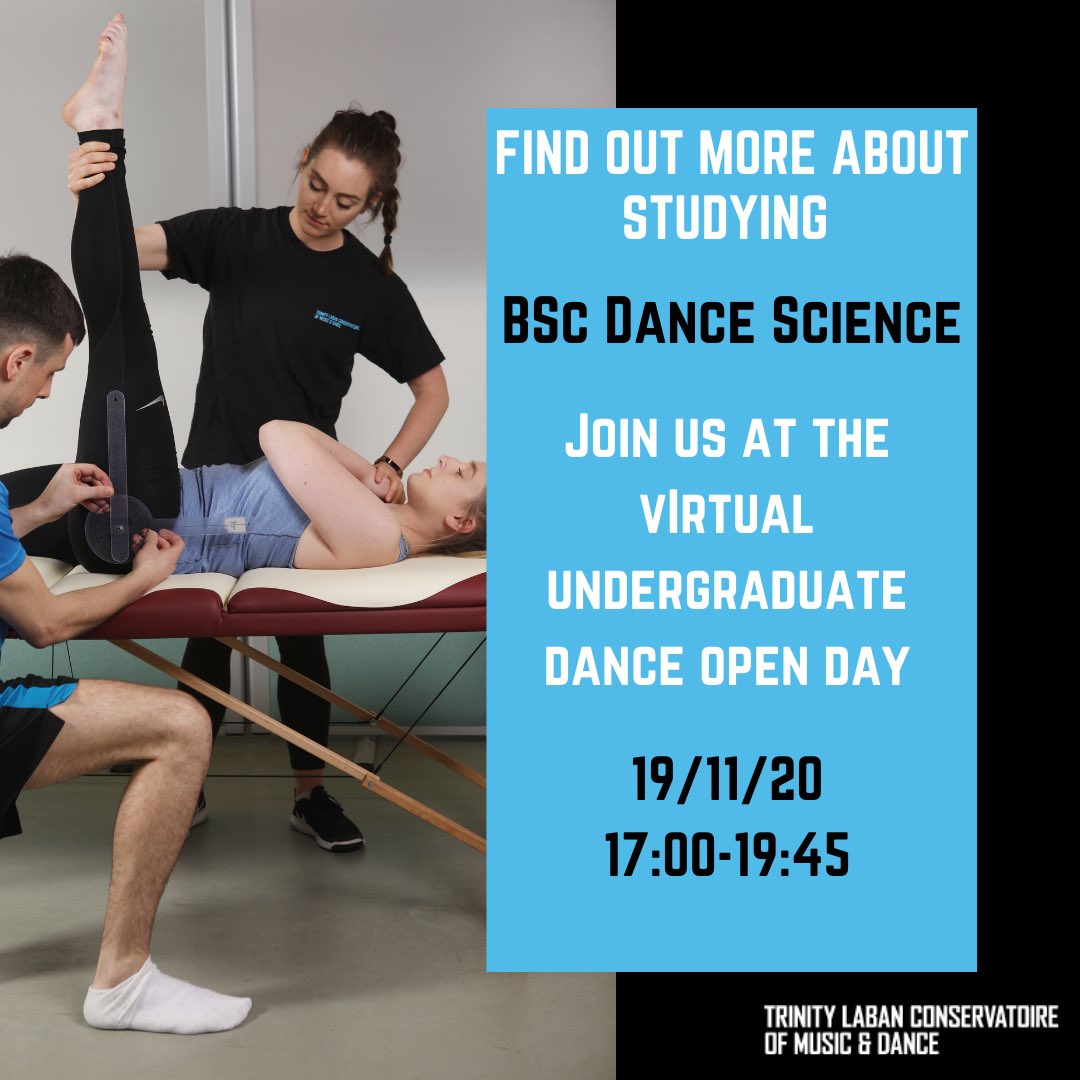 TL_DanceScience's tweet photo. Want to find out more about studying BSc Dance Science at @trinitylaban ?
Come along to the virtual undergraduate dance open day on Thursday 19th November 2020!
Link in bio to register
#trinitylaban #tldancescience #dancescience #openday #bscdancescience #undergraduate https://t.co/RHw0x3Ap2R