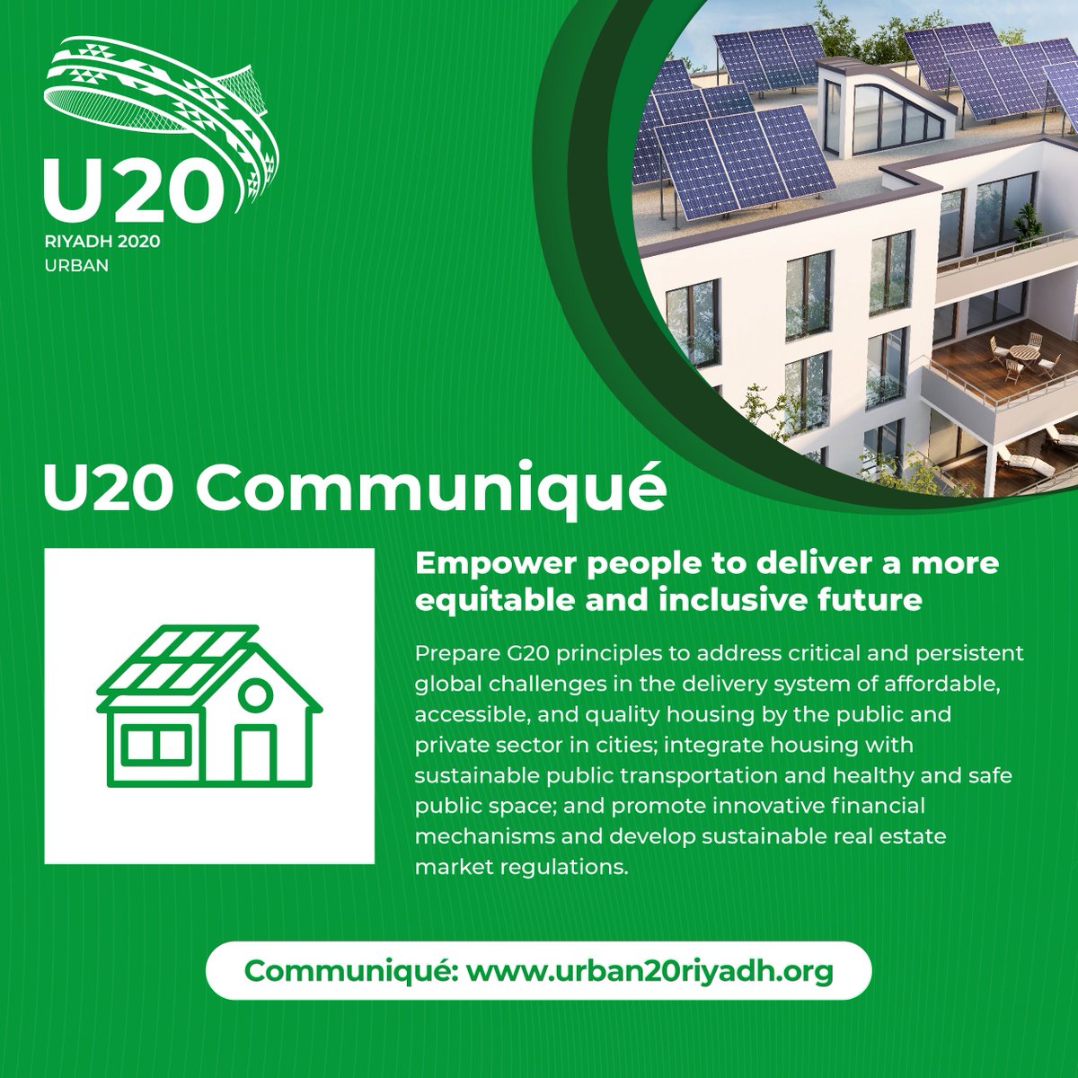 We call on the #G20 to address global challenges in the delivery of affordable, accessible, and quality housing in cities. Click here for more: bit.ly/3d7SfmI 
#U20Communiqué
