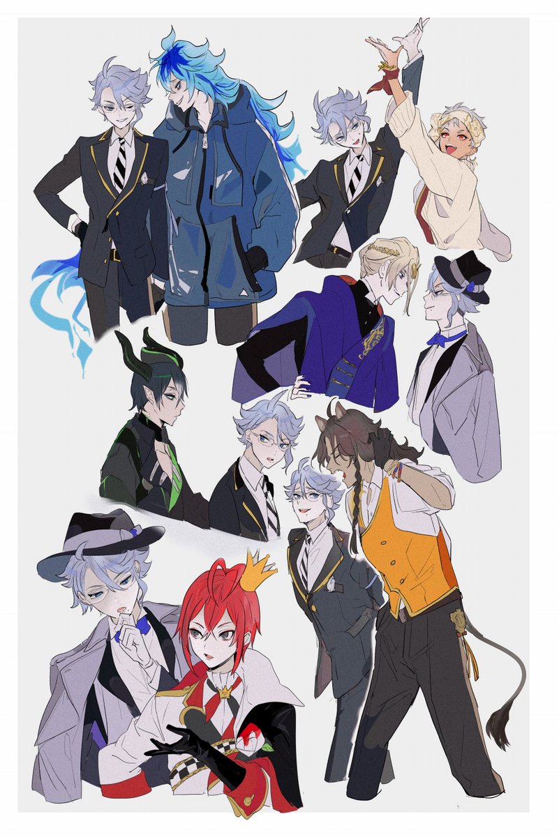 multiple boys blue hair male focus jacket hat 6+boys necktie  illustration images