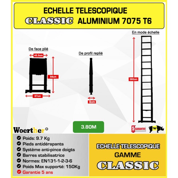 Echelle télescopique Grafitek - 4.4m, avec barre stabilisatrice (echelle- telescopique-woerther.com) –