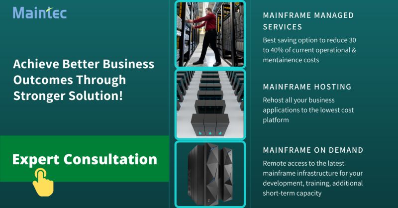 Maintec_Tech's tweet image. Discover the opportunity for the best outcomes of your Mainframe Data Center. Leverage the Maintec expertise for your mainframe environment to reduce the operation and maintenance costs up to 30 to 40%. lnkd.in/dJWcKRx #managedservices #mainframehosting #mainframeondemand
