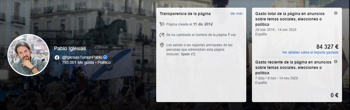 RiesMara's tweet photo. Entre Pablo Iglesias e Irene Montero se gastan 200.000 euros en promocionarse en Facebook. Si sumamos lo que se gastan Sánchez, Casado, Arrimadas y Abascal ronda los 1.000 euros. Así manipulan. Pagando a televisiones y redes sociales. Poco más que decir. https://t.co/1h1KV3On0s