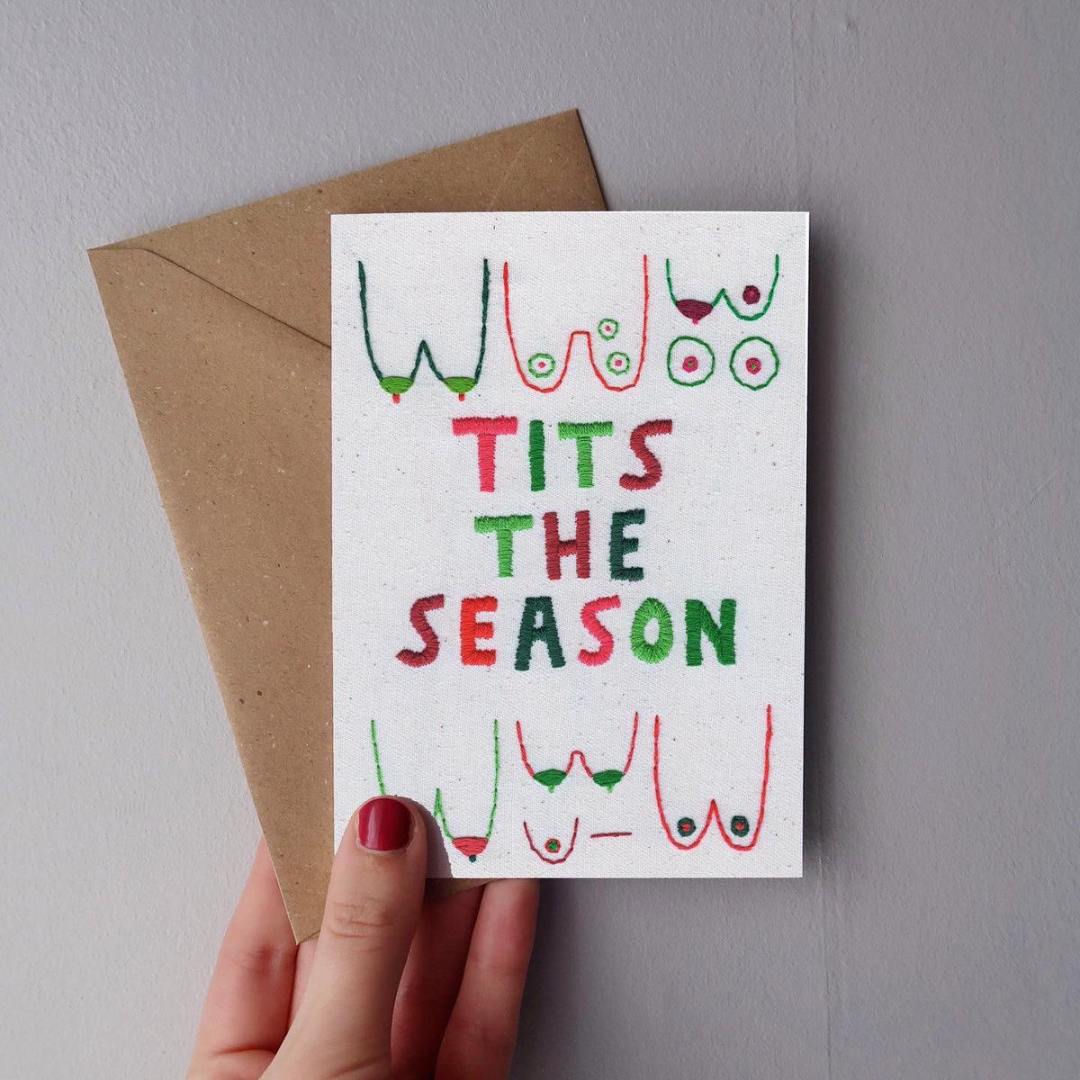 sparklymouse's tweet photo. so it’s pretty much Christmas now right? 🎄

little redesign of a popular card from last year, coming later this week
.
.
#embroidery #boobs #boobies #tits #titstheseason #festive #christmascard #xmascard #saggyboobs #handembroidery #linestitch #thread #dmcthreads https://t.co/pVrth8Uucq