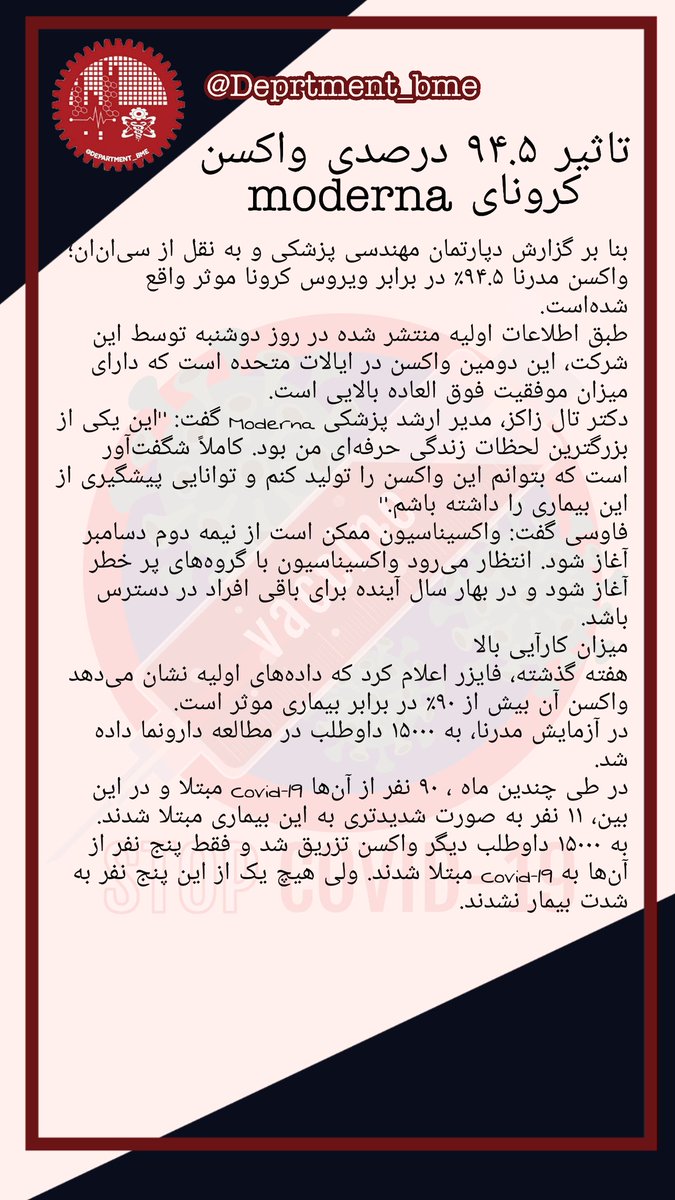 Department_Bme's tweet photo. تاثیر ۹۴.۵ درصدی واکسن کرونای
moderna 
https://t.co/3BgyRrct0wواکسن-کرونای-مدرنا-تا-۹۴-۵٪-موثر-واقع-شد/ https://t.co/tqd4HVg7vd