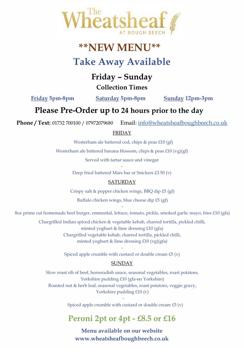 WheatsheafBeech's tweet photo. This weeks takeaway menu for @wheatsheafboughbeech 
After last weekends success, we have added extra dishes. 

Please pre order up to 24 hours prior to the day. Thank you for your support. 

#wheatsheafboughbeech #boughbeech #edenbridge #kent #pub #takeaway #supportlocal https://t.co/i3uCQFPoHN