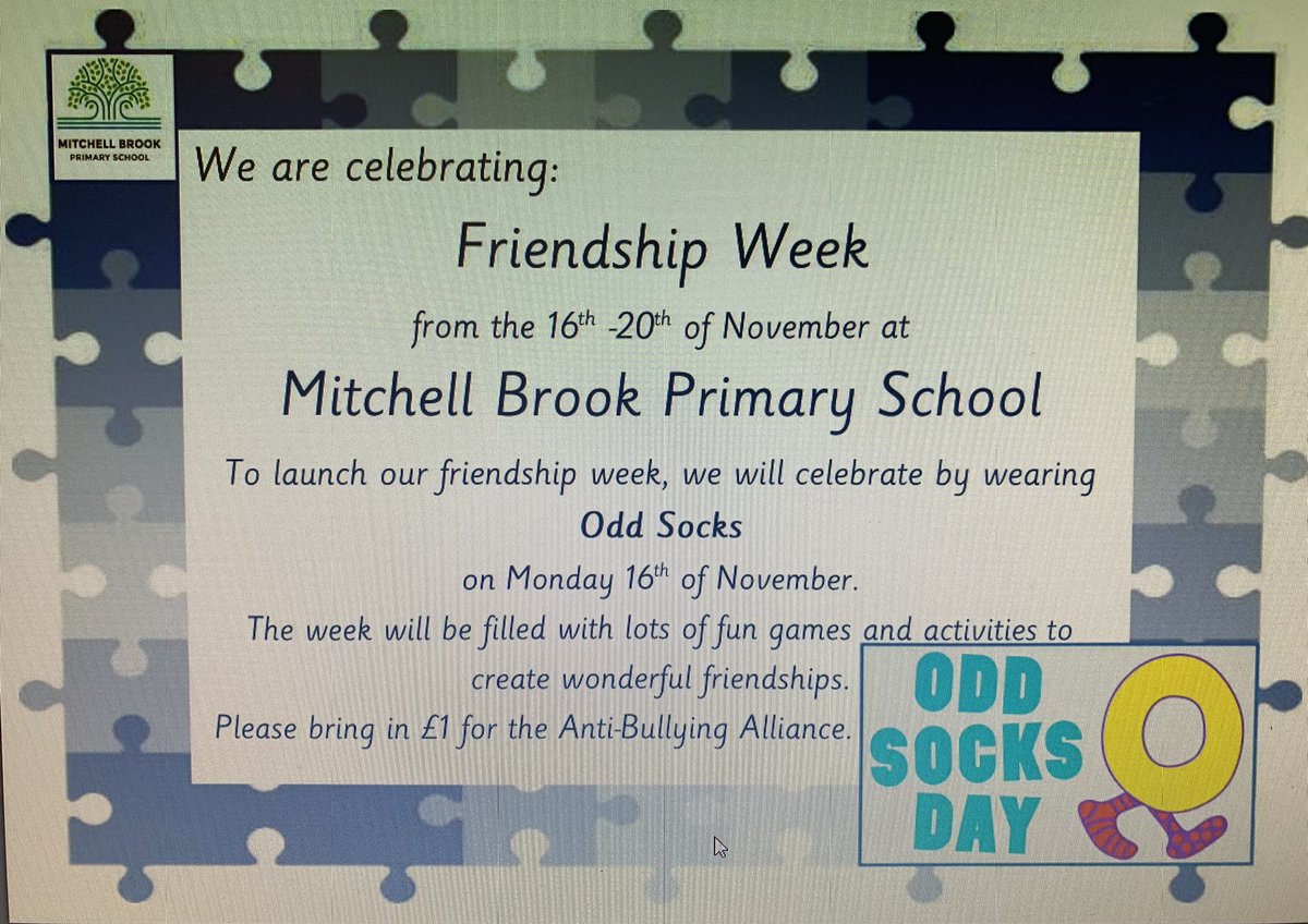 MBrookprimary's tweet photo. This week we are celebrating Friendship Week 👩🏾🤝👨🏽 on Monday we took part in Odd Socks Day to recognise that we are all different #FriendshipWeek #CelebratingDifference #OddSocksDay #BeAGoodFriend #MBrook https://t.co/zrLv9f77rP
