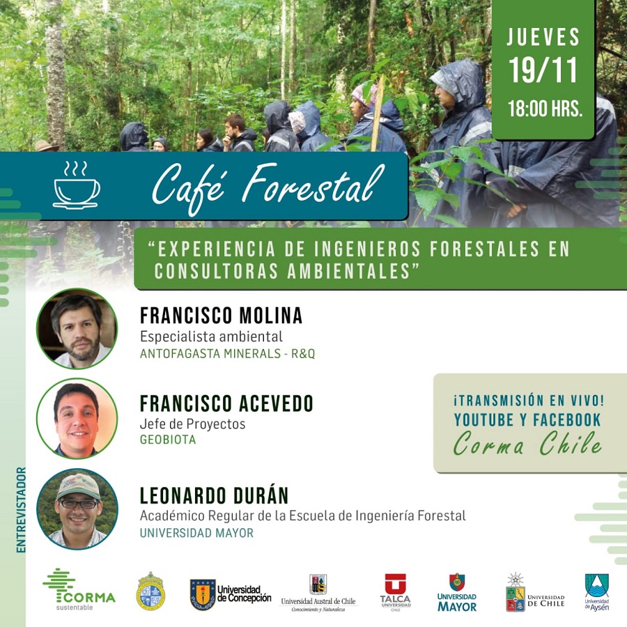 Este jueves 19 de noviembre🗓️, a las 18 horas⏰, los esperamos en otra edición de #CaféForestal☕️, para conversar sobre las experiencias de los ingenieros forestales🌳 en consultoras ambientales.
#EnVivo👨‍💻 por👇
Facebook Live📲 <a href="/cormachile/">Corma Chile</a> 
YouTube🖥️ bit.ly/3kEVNyU