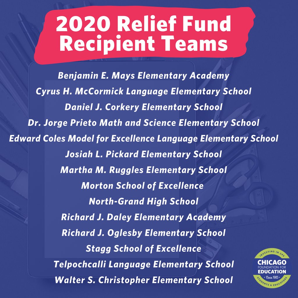 CFEgrants's tweet photo. CFE is honored to award 14 CPS Educator Request Teams from the following schools with $65,000 worth of funding. We are working diligently to secure additional dollars for subsequent rounds of funding.⠀
⠀
Congratulations to these 2020 CFE Relief Fund recipients! ⠀ https://t.co/Ew4QYOgCRv