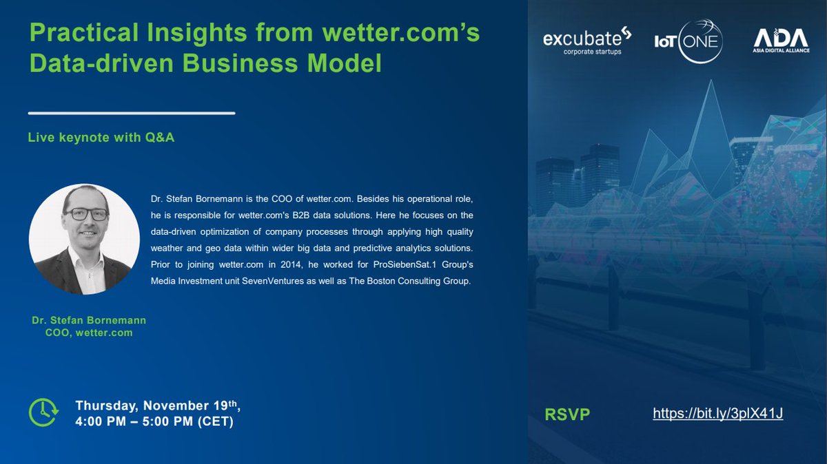 Data-driven business models are commonly discussed among business leaders, but why is it so difficult to achieve success with them?
Stefan Bornemann, COO of Wetter.com, will share how they implement data-driven business models. 
Register: buff.ly/3f3biQi