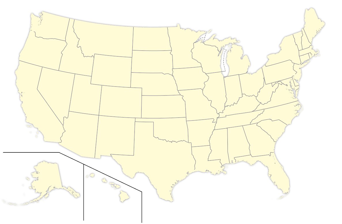 Mais la Corse ou les Shetland, ça va encore. Elles sont en effet à la même échelle sur ces cartes. Un "peu" plus problematique est le cas de l'Alaska ou de Hawaii, états américains hors du champ des restants 48