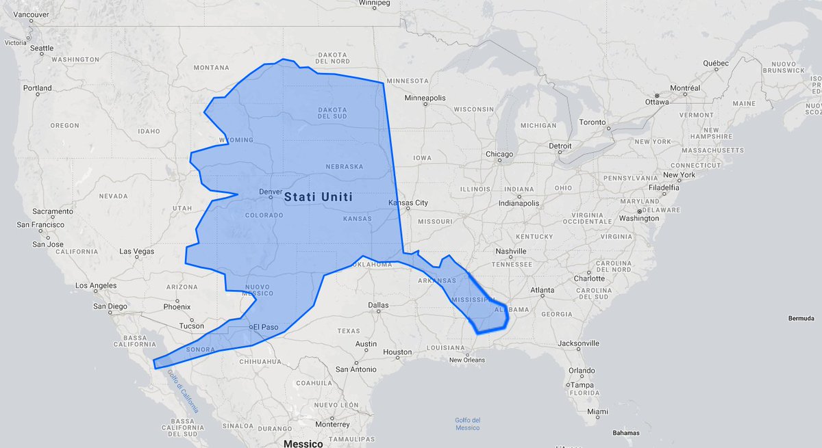 Alors que l'Alaska se trouve beaucoup plus au nord, et est surtout beaucoup plus grand que sur la carte traditionnelle qu'on vient de voir. L'Alaska, se moque bien des cartouches.