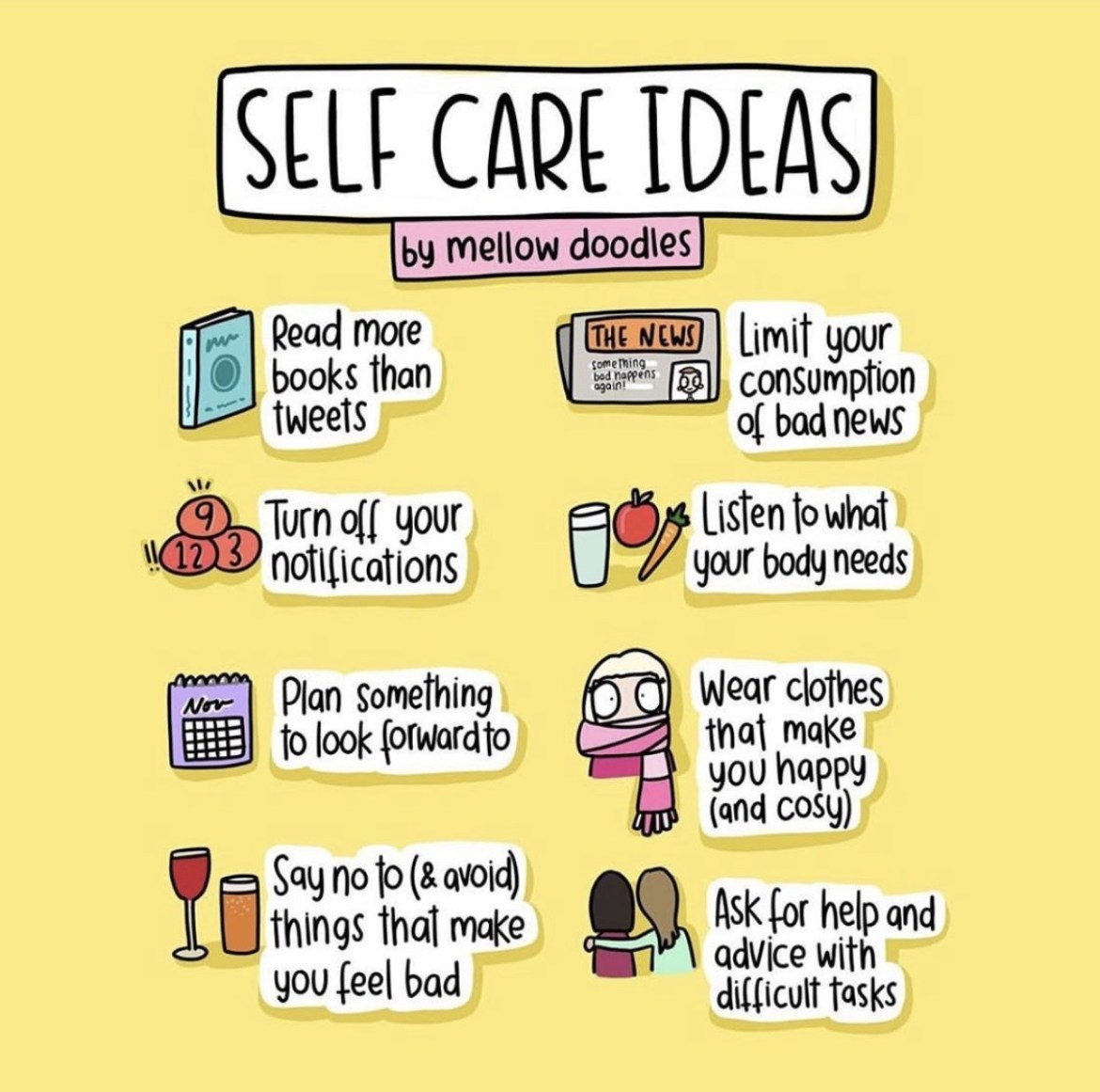 NHGDenmark's tweet photo. @MellowDoodles viser her 8 små tricks til hvordan du kan praktisere self-care i hverdagen - måske du allerede gør noget af det? 
Remember to practise self-care every day! #goselfcare  #selfcare  #SelfCareWeek https://t.co/QKW3GYmENX