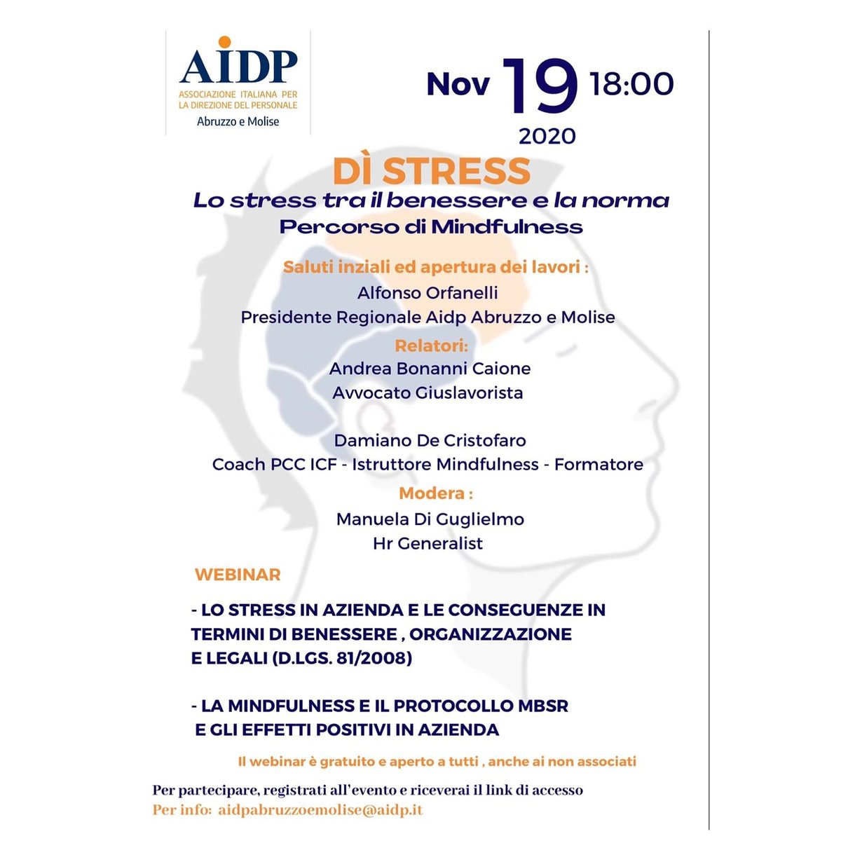 #Aidpabruzzoemolise vi invita il 19 Novembre alle 18:00 al prossimo webinar gratuito e aperto a tutti dove si parlerà del #benesserelavorativo e delle norme che regolano la #vitaprofessionale.
Per partecipare cliccare sul seguente link:
aidp.it/registrazioni/…