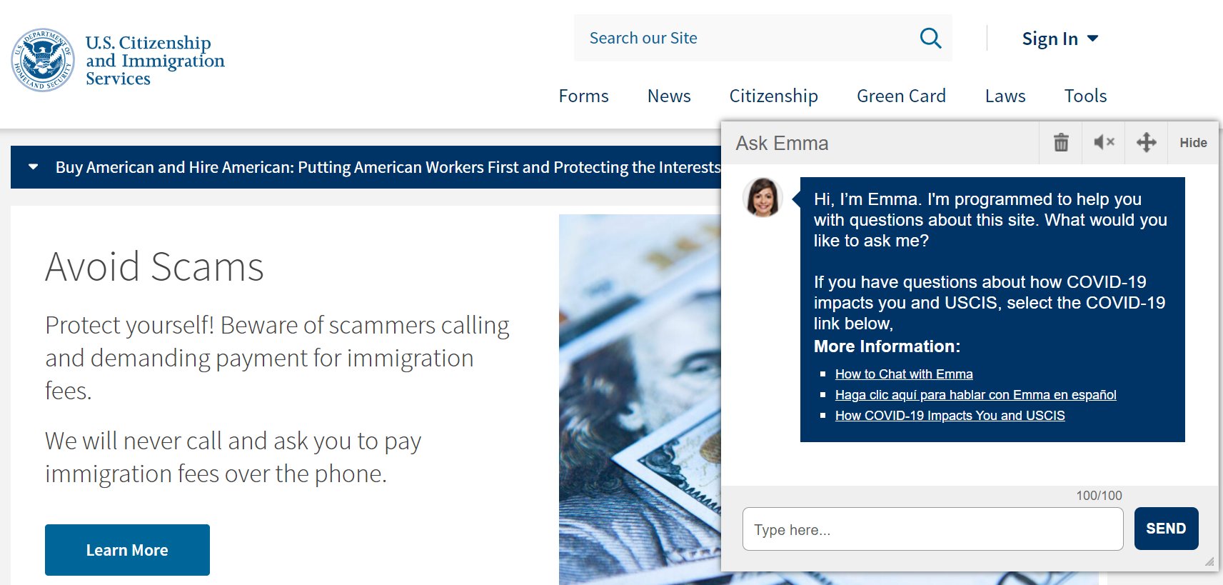 USCIS Twitterissä: "Our virtual assistant, Emma, can help answer your  immigration questions in English &amp; Spanish. Emma will also direct you  to the right pages of our website for more detailed information.