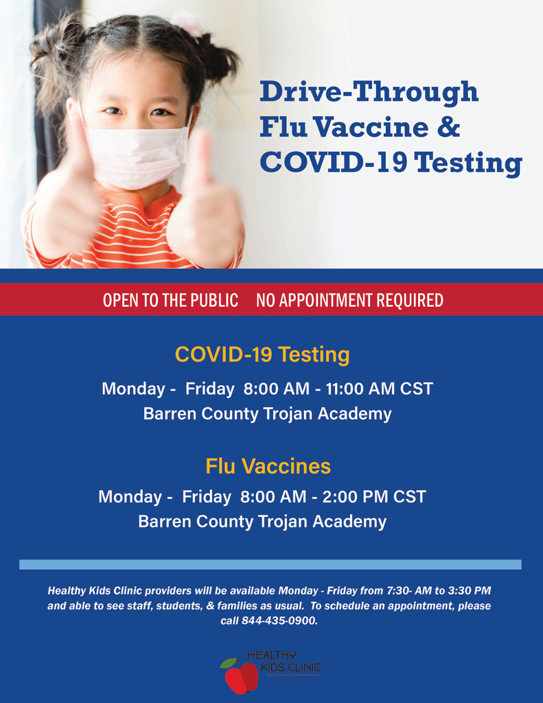 The Health Kids Clinic is continuing to offer drive-through flu vaccines and COVID-19 testing.  These services are open to everyone in the community.  Click on the following link for detailed information:  docs.google.com/document/d/1-R…