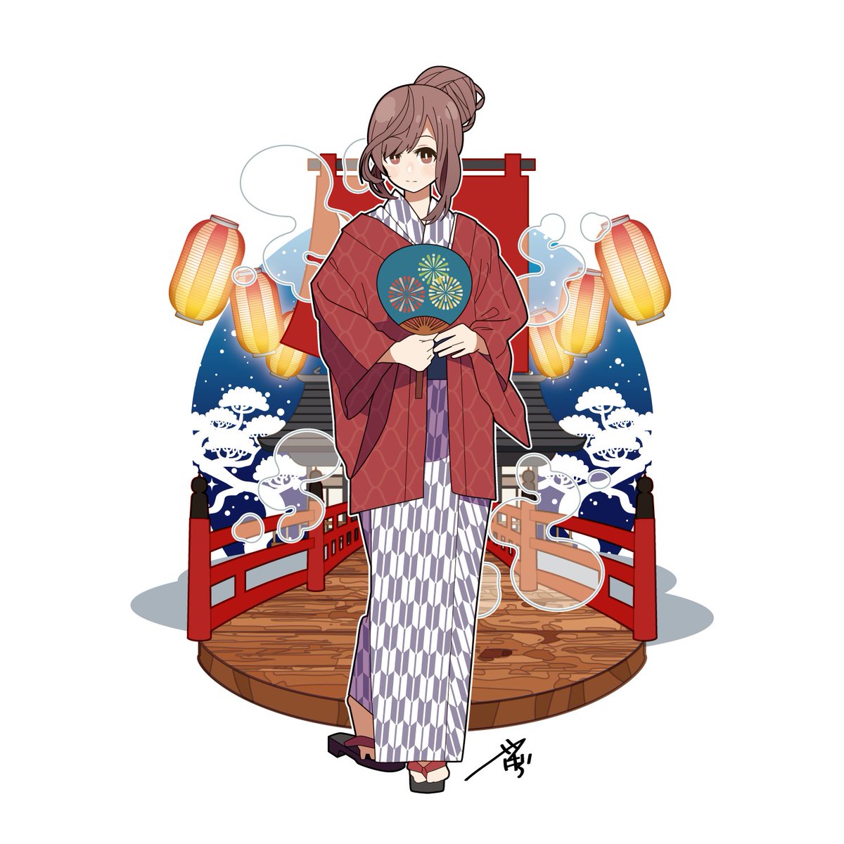 1girl japanese clothes solo kimono brown hair hair bun hand fan  illustration images