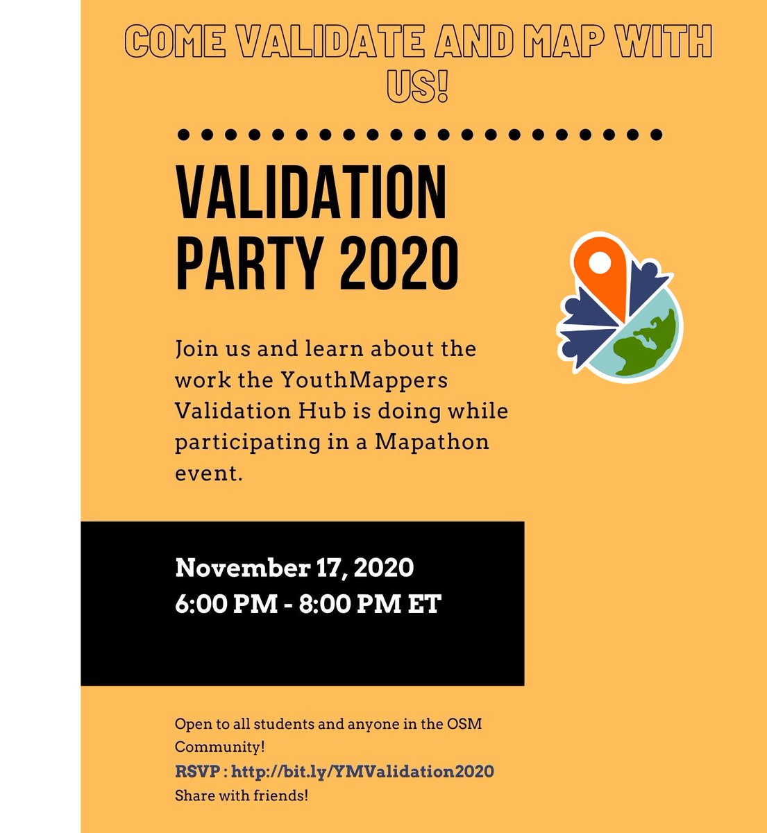 youthmappers's tweet image. There is lots of awesome mapping happening during #OSMGeoWeek2020! But what about the crucial validating? 

Join #YouthMappers Validation Hub today at 23:00 UTC (6:00 pm ET) to learn about this next mapping step! Sign-up at: bit.ly/YMValidation20…