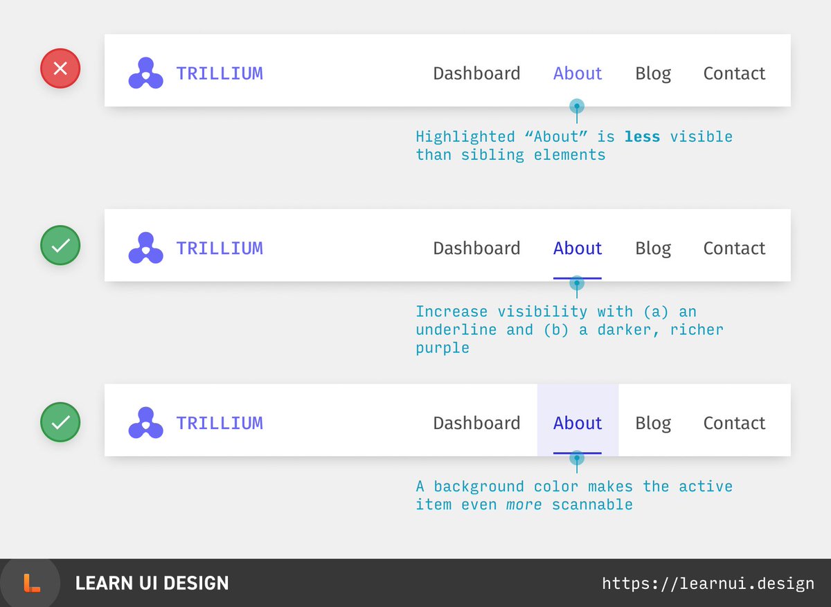 Color is a great way to show which element is selected, but if your brand color is lighter than the default text color, you need to attract attention in other ways.