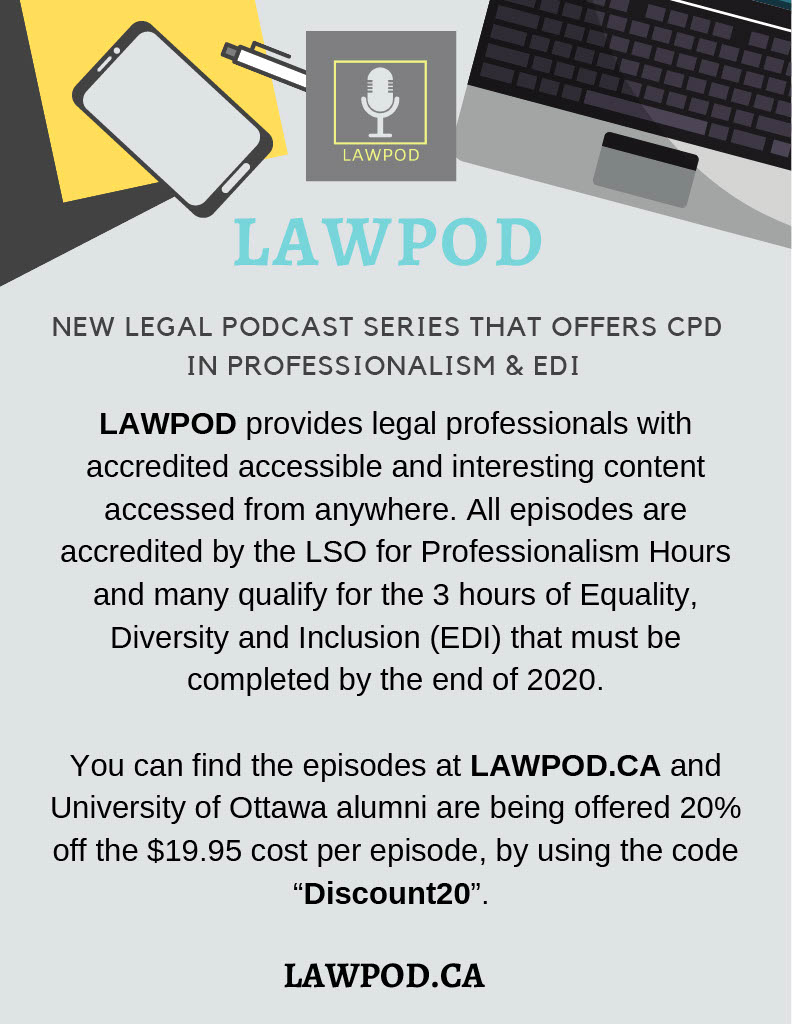uocommonlaw's tweet photo. LAWPOD offers legal professionals accessible and interesting content accredited by the LSO for Professionalism Hours and many qualify for the 3H of Equality, Diversity and Inclusion . 

Visit https://t.co/8lqd6DzaQA and use the code “Discount20” for 20% off!
@LAWPOD_ https://t.co/EISdFCFUVW