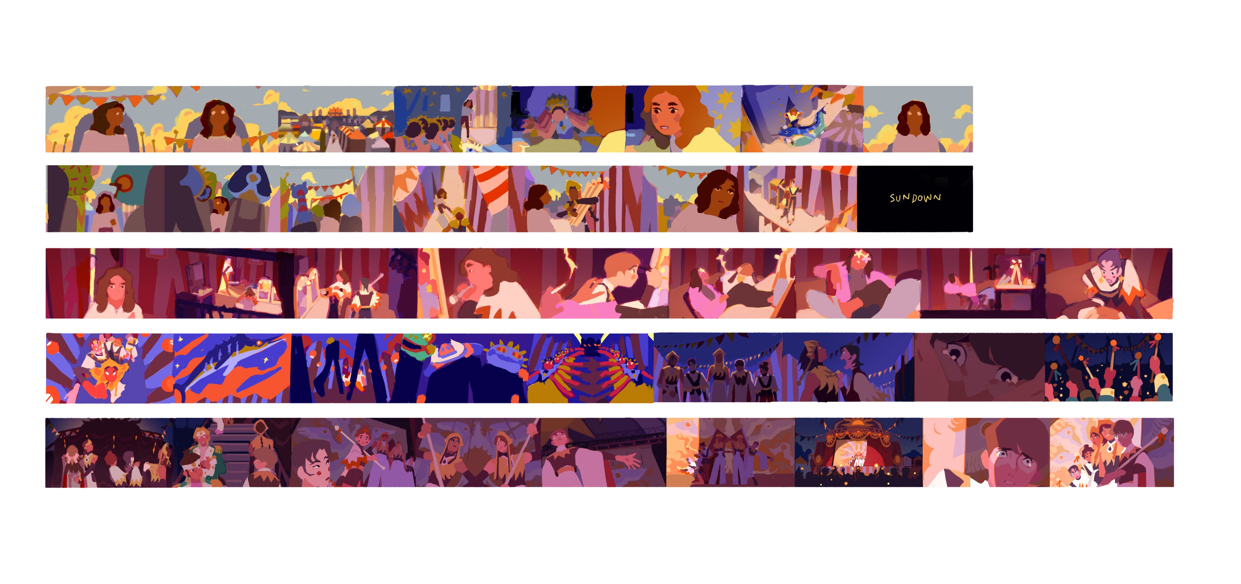 Thumbnail-sized colorboards are lined up next to each other, forming five rows stacked on top of each other. There are about six colorboards on each row. They start as deep blue in the upper left and shift to warmer colors in the next two rows. The last two rows are indigo and a warmer magenta.
