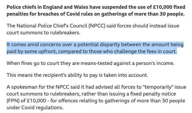 Speaking of which, the  @PoliceChiefs have now advised police to *suspend* £10k fixed penalty notices because, I think this is what they are saying, they lead to unfair results compared to people who go to court and fines will be set according to means