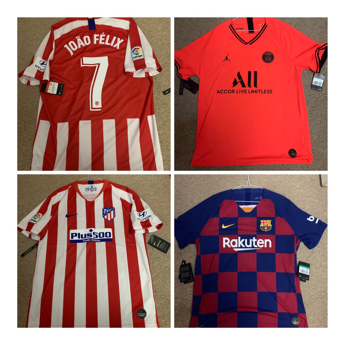 Atletico - Joao Felix - L - BNWT £35PSG - XL - PlayerSpec - BNWT £50Barca XL - PlayerSpec - BNWT £30Bayern GK - Kahn - XXL £80Fluminese - XL? £80Lyon - Benzema - XL £55Sweden - Larsson - M £60