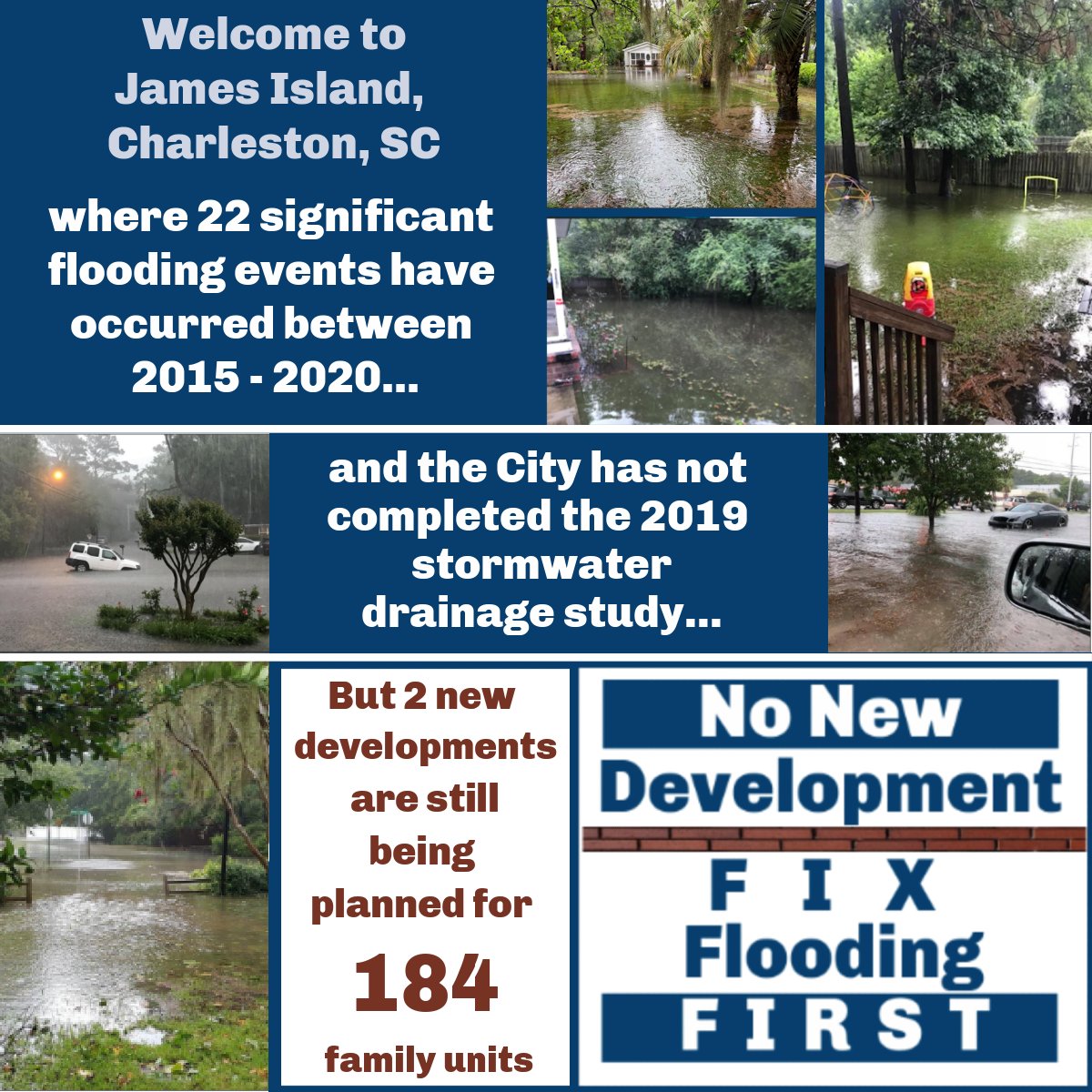 MicSmith005's tweet photo. Current & future residents of #JamesIsland deserve to live w/out repetitive flooding! The proposed Central Park & Riverland Oaks developments don't meet Charleston’s own stormwater regulations! Let’s #FixFloodingFirst Mayor @JohnTecklenburg @RossAppel! @AnthropoceneAL https://t.co/f8wq0UXOm2