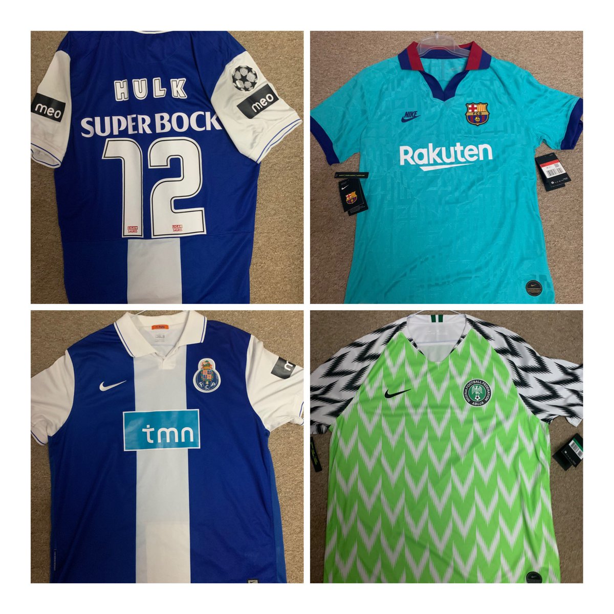 Barca - De Jong - XL - BNWT £35Milan - Beckham - XL - L/S - BNWT £70Barca - Messi - L - PlayerSpec - BNWT £50Milan - Ibrahimovic - L £50Porto- Hulk - XL £40Barca Away - L - PlayerSpec - BNWT £35Nigeria - XL - BNWT £90