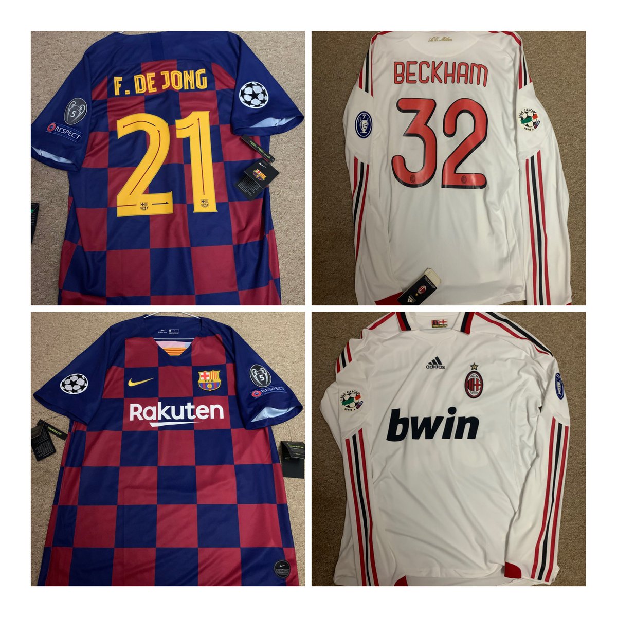 Barca - De Jong - XL - BNWT £35Milan - Beckham - XL - L/S - BNWT £70Barca - Messi - L - PlayerSpec - BNWT £50Milan - Ibrahimovic - L £50Porto- Hulk - XL £40Barca Away - L - PlayerSpec - BNWT £35Nigeria - XL - BNWT £90
