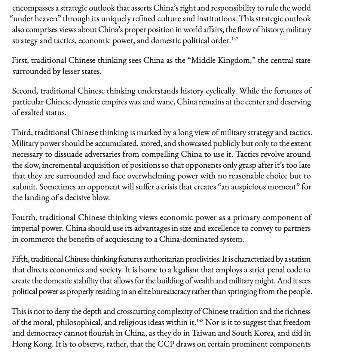 "At no point in its long history has China embraced the idea — assumed by liberal democracies and affirmed by the United Nations — of sovereign equality among nations grounded in respect for rights inherent in all persons." Instead it employs "traditional Chinese thinking." 7/n