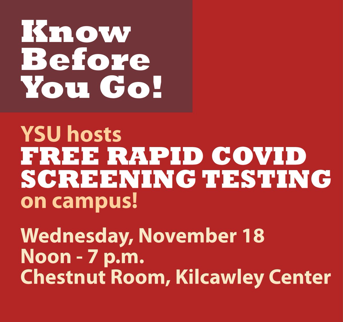 Testing is free and open to all YSU students, faculty and staff. No appointment necessary.

Testing provided by YSU and Mercy Health

For more info, please view this post on Instagram or Facebook.