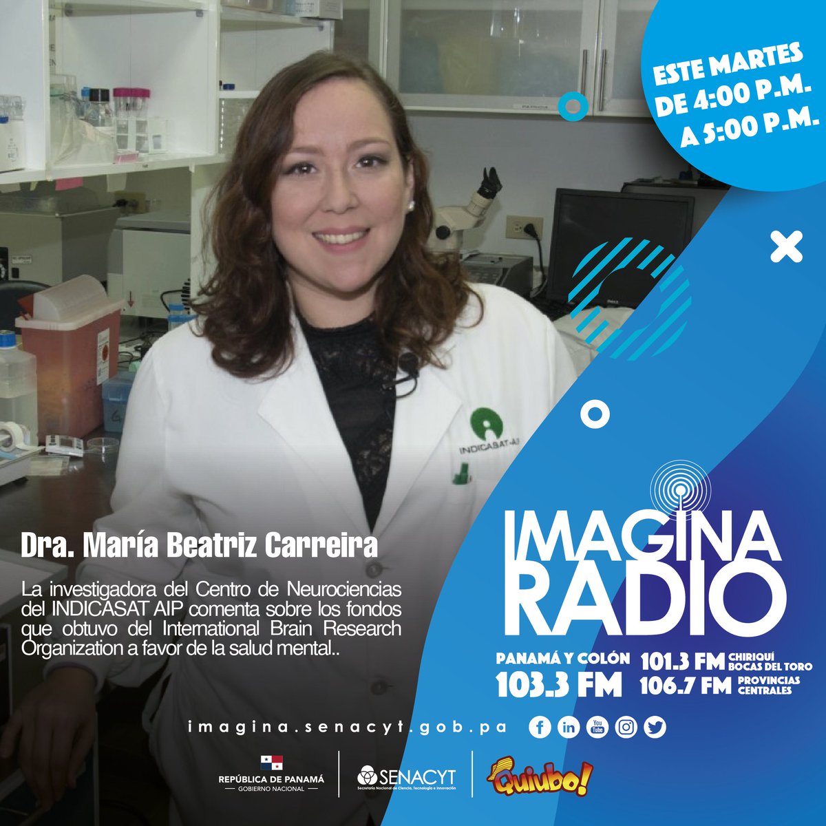 La Dra. María Beatriz Carreira, investigadora del Centro de Neurociencias del INDICASAT-AIP estará hoy por Quiubo Estéreo, compartiendo sobre los fondos que obtuvo del International Brain Research Organization a favor de la salud mental.