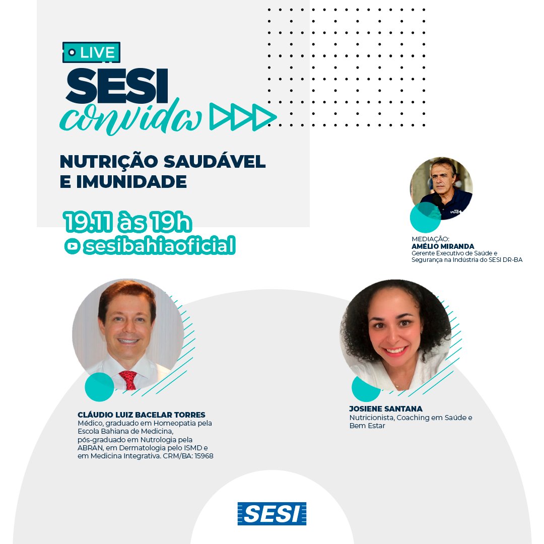Acompanhe! Será no dia 19.11, 19h, no Youtube do SESI Bahia. youtube.com/sesibahiaofici…

#SESIBahia #SESISaúde #Nutrição #AlimentaçãoSaudável #Saúde #Imunidade