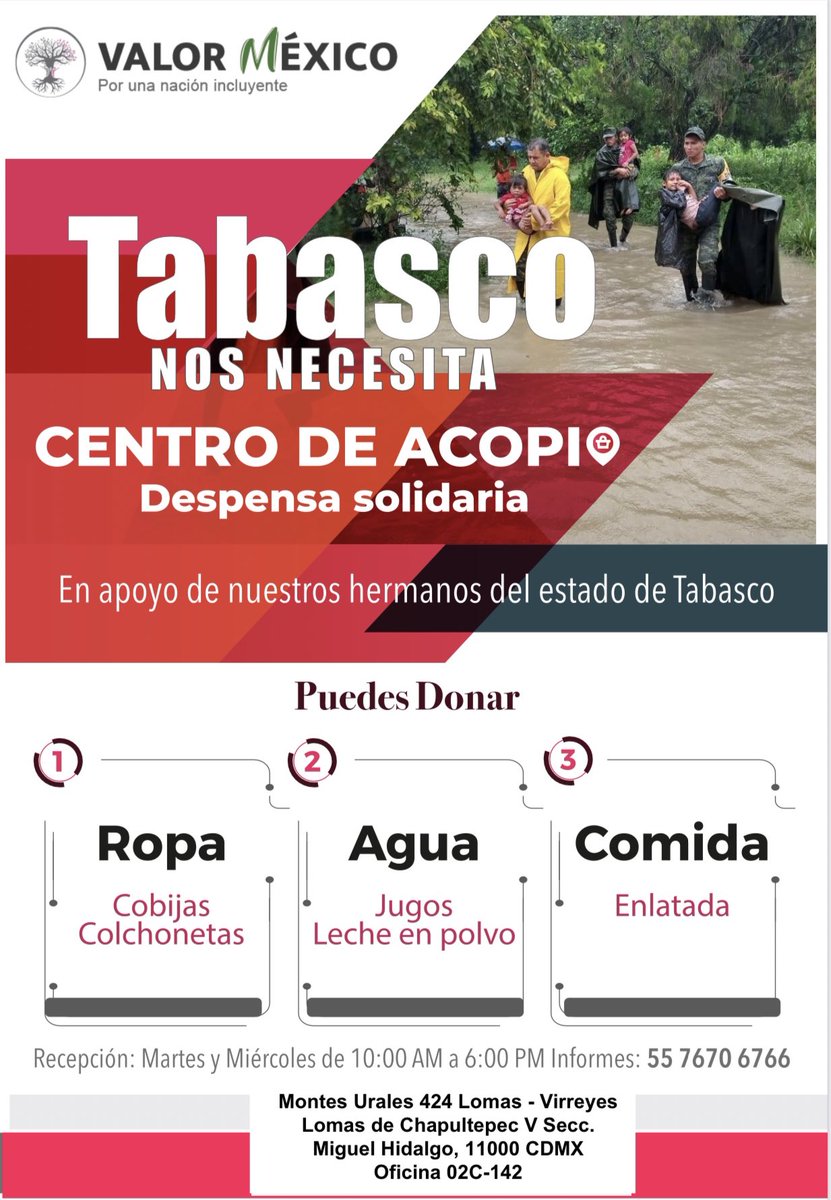NacionIncluyent's tweet photo. #ValorMéxico “Por una Nación Incluyente” A.C. se suma a apoyar a nuestros hermanos de #Tabasco 🤝

Hemos instalado un #CentrodeAcopio en nuestras oficinas ubicadas en la #CDMX en Montes Urales 424 

Recibiremos tus donativos hoy y mañana de 10 AM a 6 PM 

Aquí los datos👇🏻 https://t.co/nyFd3vTTsx