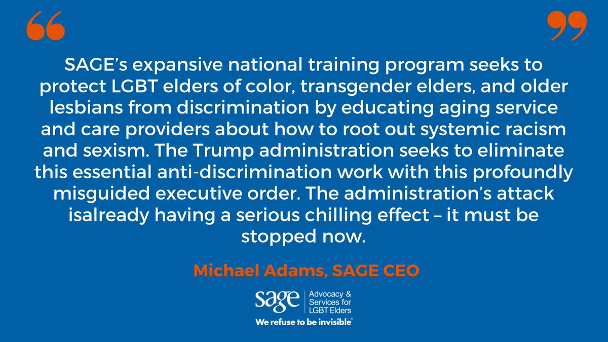 sageusa's tweet photo. We're proud to support @LambdaLegal as they fight to bar the Trump administration from implementing their recent, discriminatory executive order. Read more here! #SAGEAdvocacy #LGBTtraining #LGBTelders #LGBTaging https://t.co/Vn2LA21lay https://t.co/on2fN7YTGy