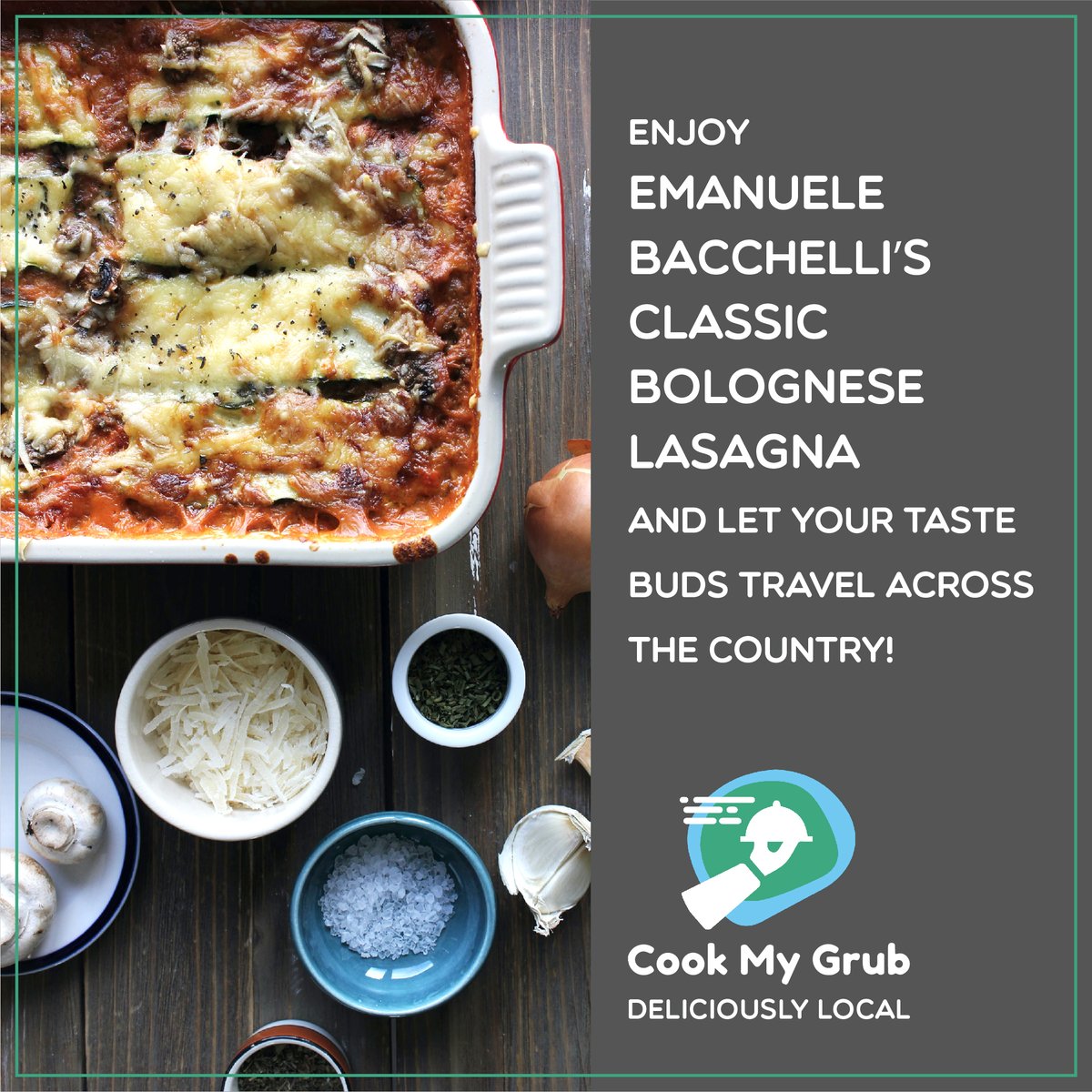 Eat well, live well and give well.
Make yourself happy with our gourmet Italian recipes delivery straight to you. 
Enjoy Emanuele Bacchelli’s Classic Bolognese Lasagna and let your taste buds travel across the country! ✈️
.
#cookmygrub #italianfood #lasagnalovers #maidenhead #uk