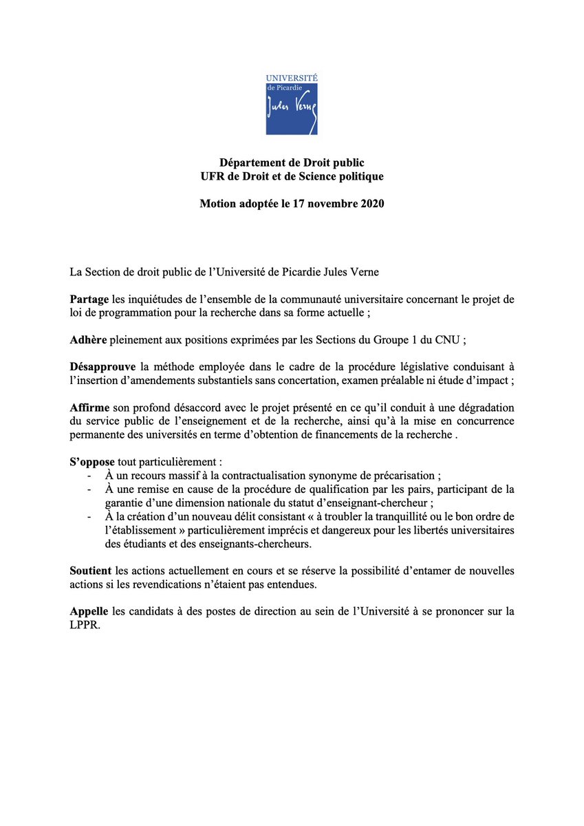 BeulayMarjorie's tweet photo. Les sections de droit privé et de droit public de @droitsciencepo réitèrent leur inquiétude et leur opposition à la LPPR déjà soulignées par l'UFR de l'UPJV #Grève #EcransNoirs #NonLPPR https://t.co/F5vAP8GYDx