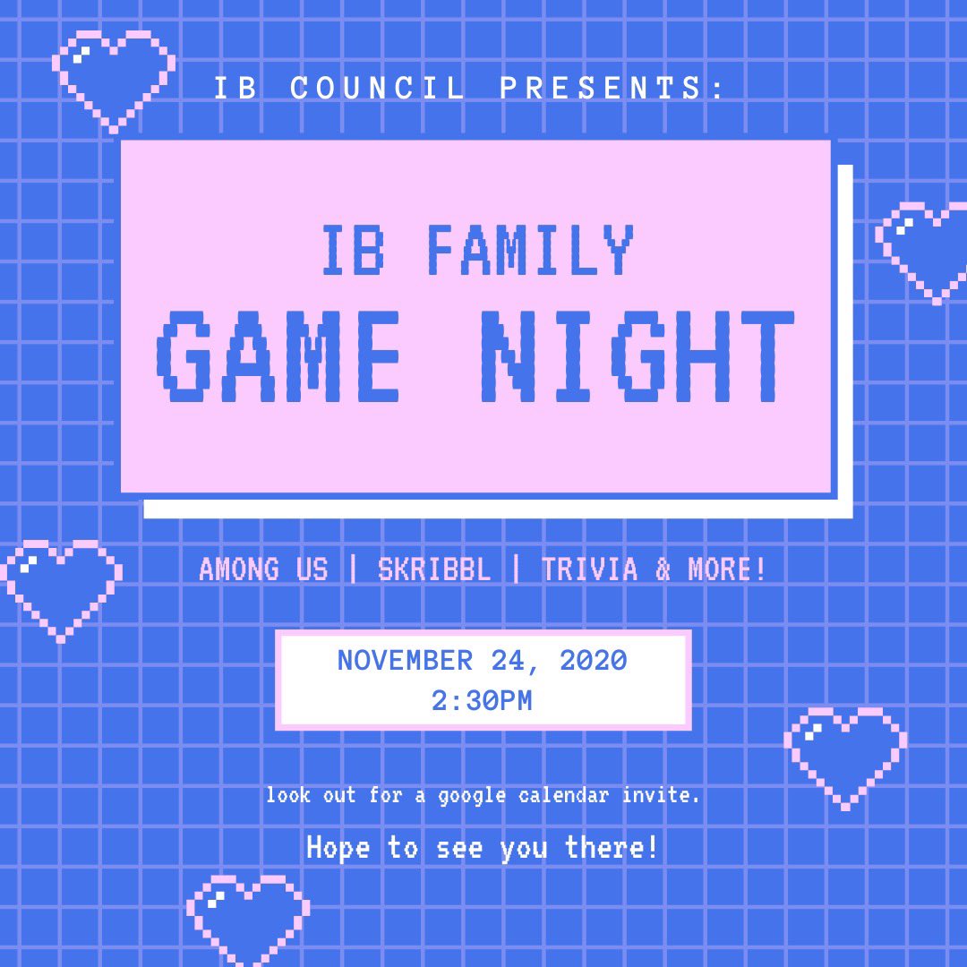 We are so pumped for family game night next Tuesday! Tons of fun games to play with your Valley IB family- look out for a google calendar invite!