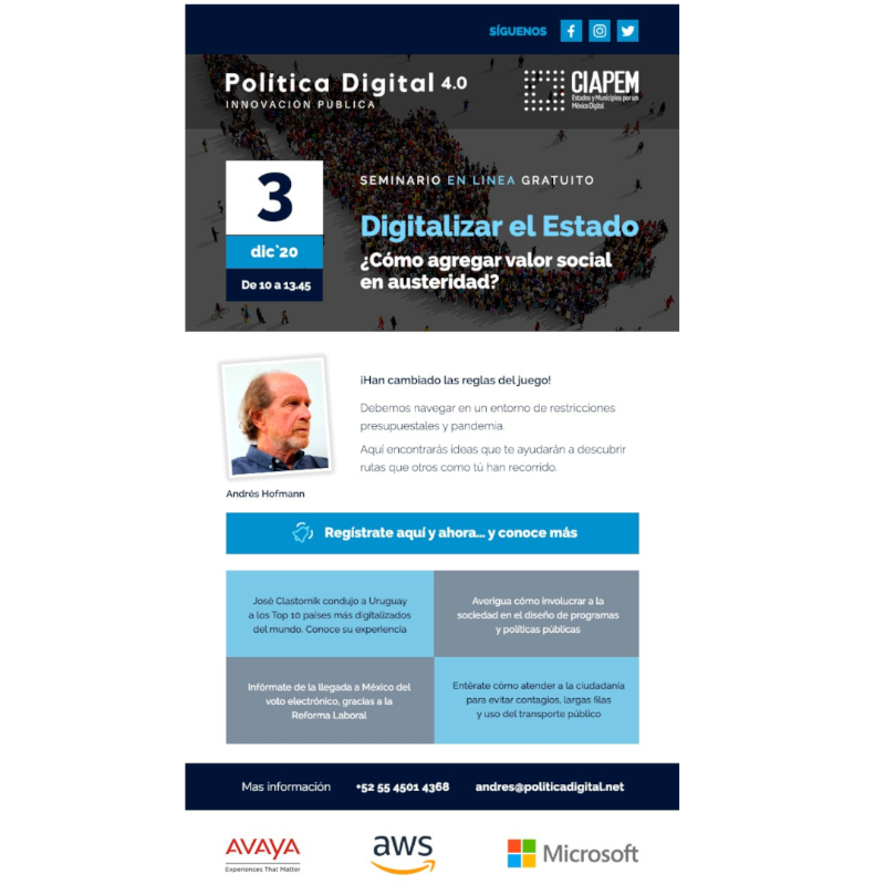 ciapemnacional's tweet photo. #EventosCIAPEM | Jueves 03 diciembre 2020 | Digitalizar el Estado: ¿Cómo agregar valor social en austeridad? Conoceremos como @clastornik condujo a Uruguay al top 10 de países más digitalizados | Andres Hofmann @P_Digital4 y #CIAPEM | Regístrate ahora !!! https://t.co/8ckUHI8vHX https://t.co/g2LHPRhIil