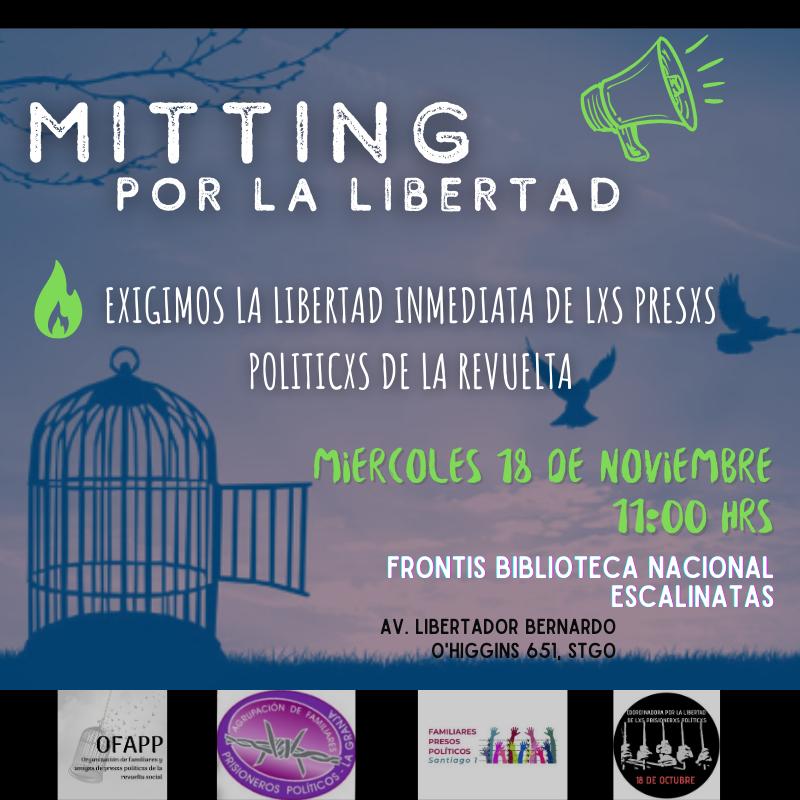 Coordinadora18O's tweet photo. Este y todo los miércoles mitting por la libertad!
Mañana a las 11 en las escaleras de la biblioteca nacional!

Libertad inmediata a lxs presxs políticxs de la revuelta! https://t.co/TBMeJ9j7Kw