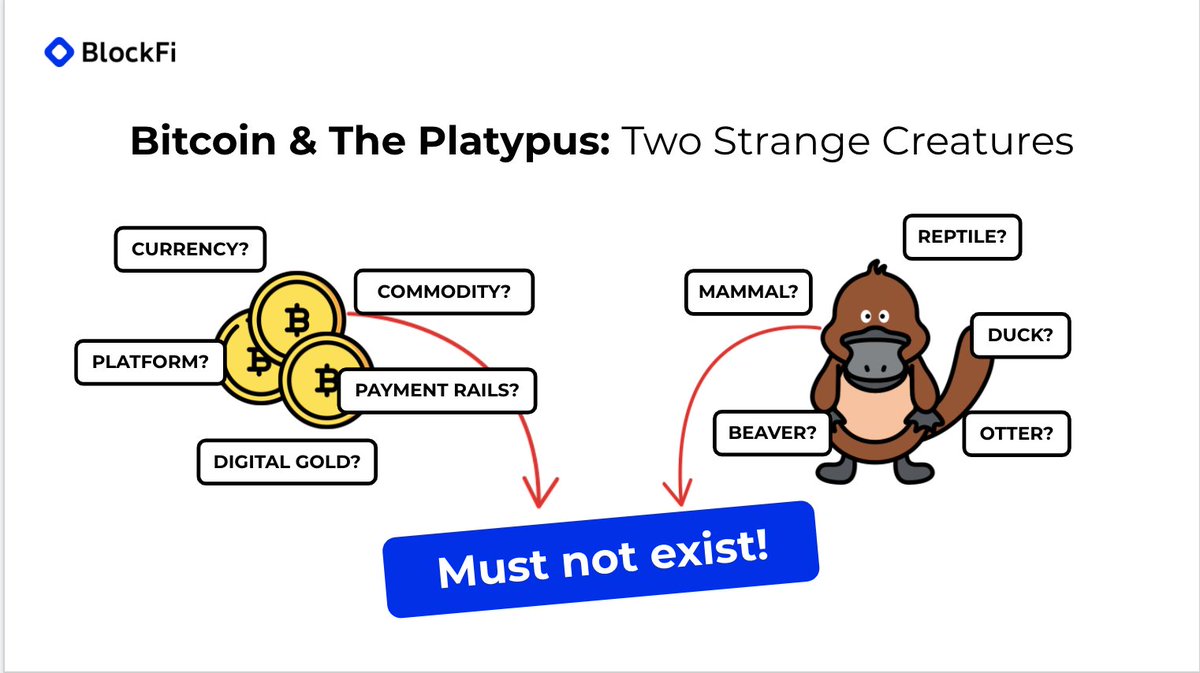 2/  @RayDalio, you are starting from a bad initial position of Bitcoin needing to be a currency to be valuable. Better to think of it as an asset subject to the laws of supply and demand like gold, art etc. There's a great analogy about this - "Bitcoin has a platypus problem"