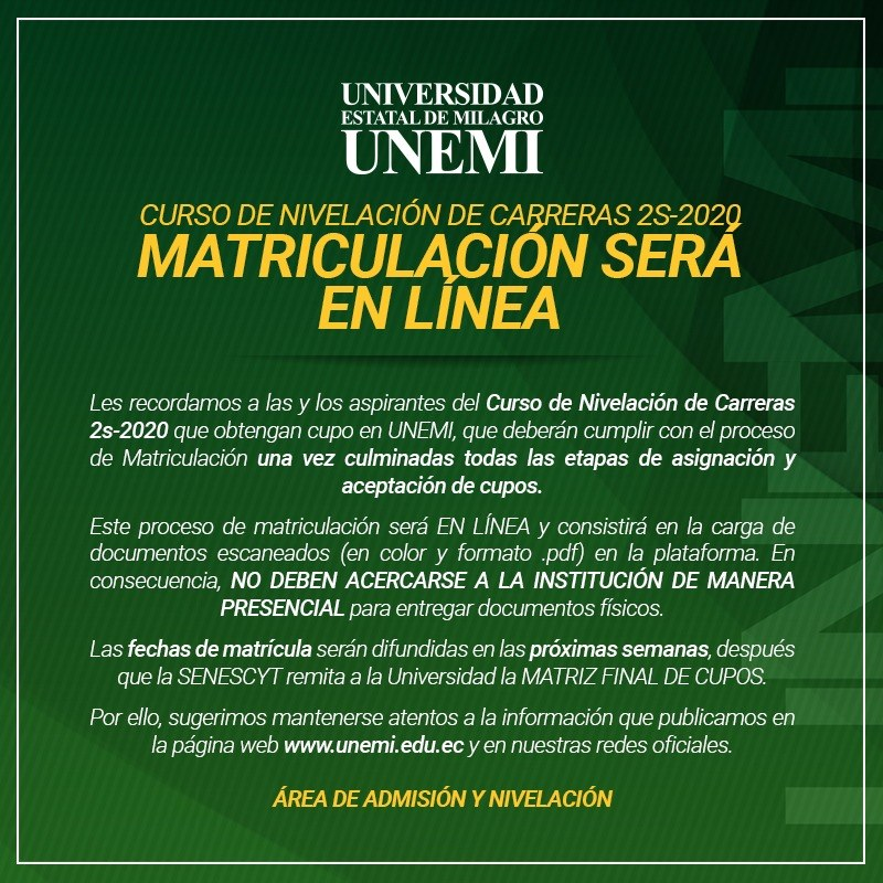 UNEMIEcuador's tweet photo. [RECORDATORIO] #CursoDeNivelación #2s2020 #MatriculaciónEnLínea https://t.co/nYKWxGHuFg