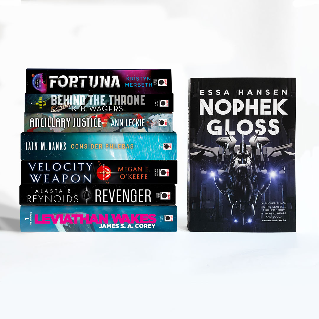orbitbooks's tweet photo. We're giving away this bundle of space opera books, featuring NOPHEK GLOSS by @EssaHansen! 
.
To enter for a chance to win ALL of these books, retweet this tweet &amp; follow @orbitbooks.
.
US ONLY. Ends 11/20/20 5:00pm EDT. Rules:https://t.co/jlDVNJnIeZ https://t.co/AmFR11V7IT