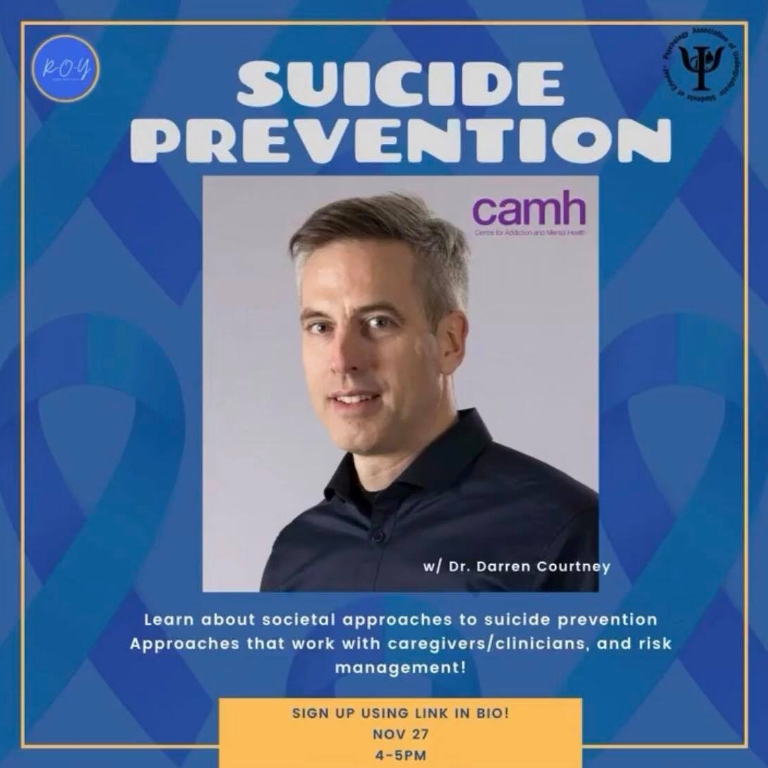 utmpause's tweet photo. SUICIDE PREVENTION TALK!! 
We have partnered with ROY and CAMH to bring you a talk with Dr. Courtney, a psychiatrist at CAMH, about suicide prevention. Use the link in our bio to sign up (this event is open to all!) and make sure to bring your friends! https://t.co/PQZUlFKWWO