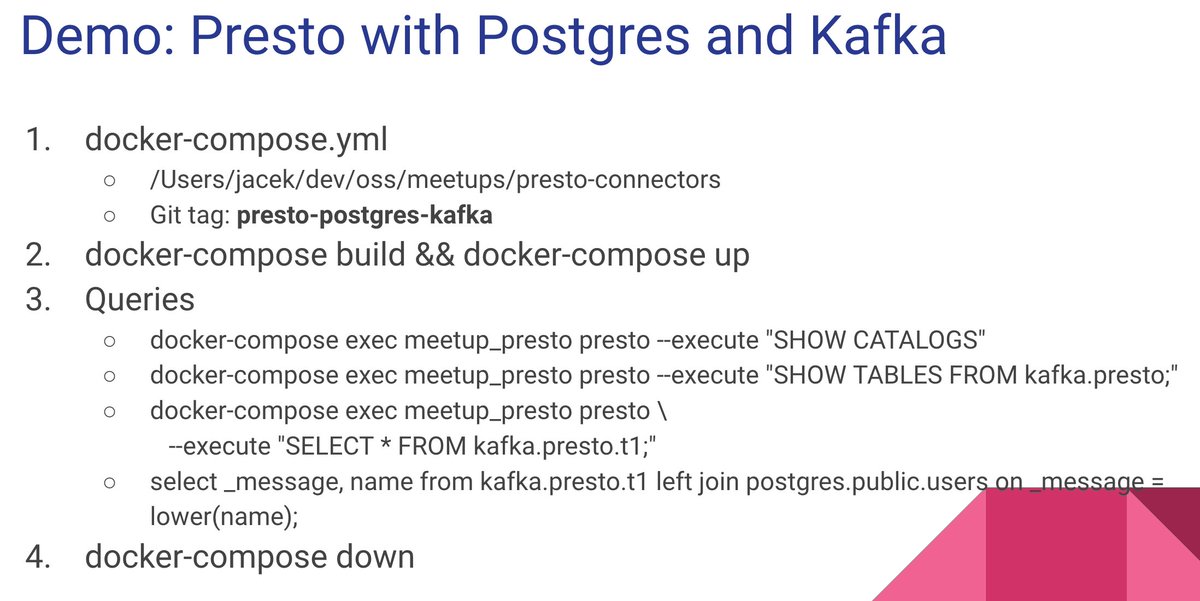 jaceklaskowski's tweet image. Yay! Just finished yet another #PrestoSQL meetup and...you'd be suprised how much *I* learnt! 🎉
"One teaches two learn" proved itself again! ❤️
Slides 👉 docs.google.com/presentation/d…
#presto #meetup #docker