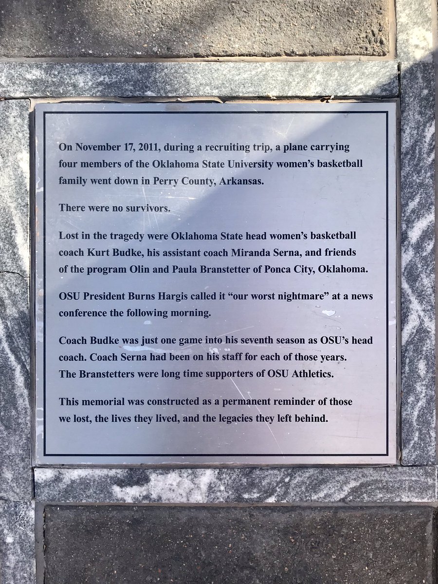 TheOSUSuperhero's tweet photo. As tradition, I went to the #RememberThe4 memorial to pay my respects w/ thoughts &amp; prayer...It’s been 9 yrs...Coach Budke &amp; Serna were amazing coaches to #okstate basketball! The Branstetters were great OSU supporters! Let’s continue to remember them, today &amp; always! #KBMS #OBPB https://t.co/IEFa36rrrp