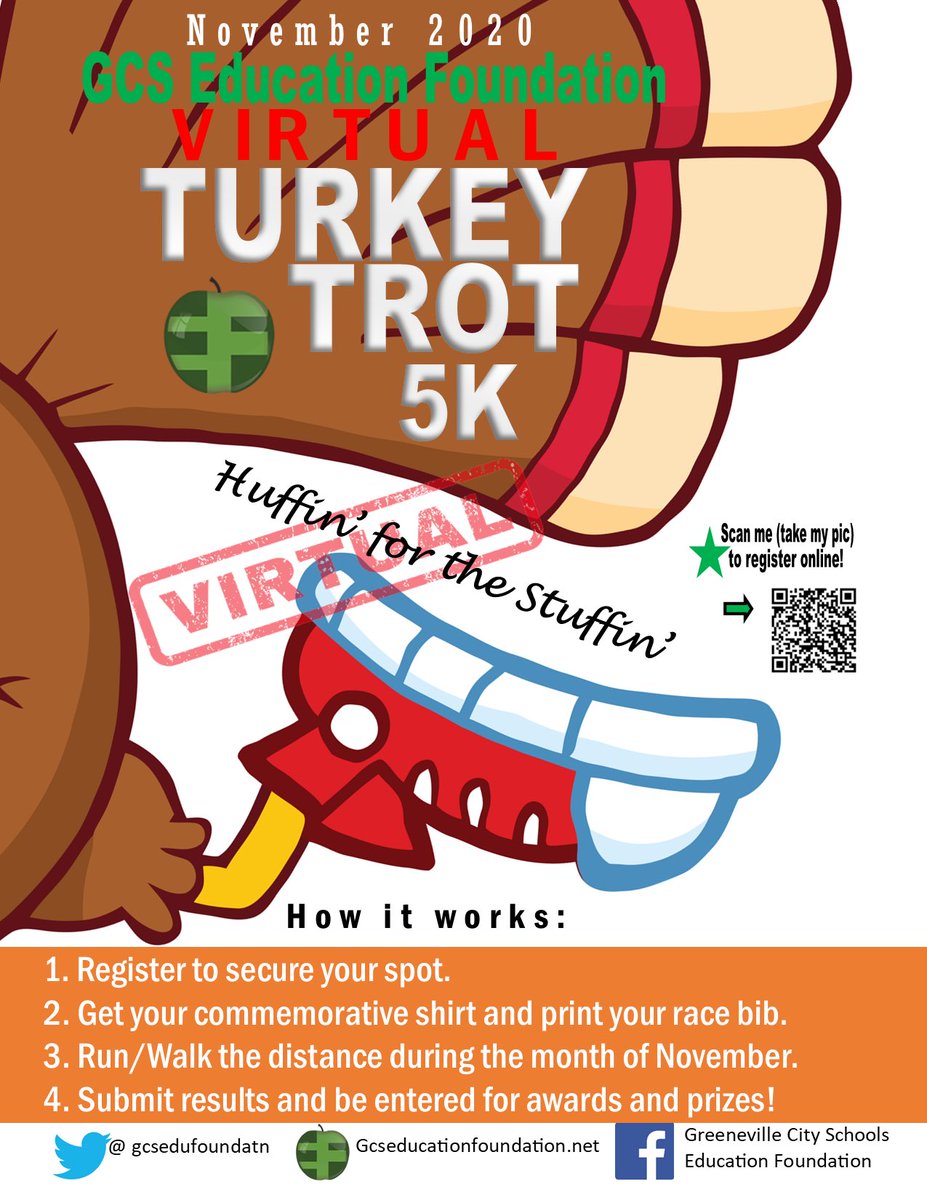 gcsedufoundatn's tweet photo. One benefit of a Virtual Turkey Trot? You can run ANY course at ANY time during the month of November! Register, complete a course at your convenience, upload your time, win prizes, and support public education! 

https://t.co/wk0f5mjpbz
@GreenevilleCity @GreenevilleTown https://t.co/zzXRGasC0u