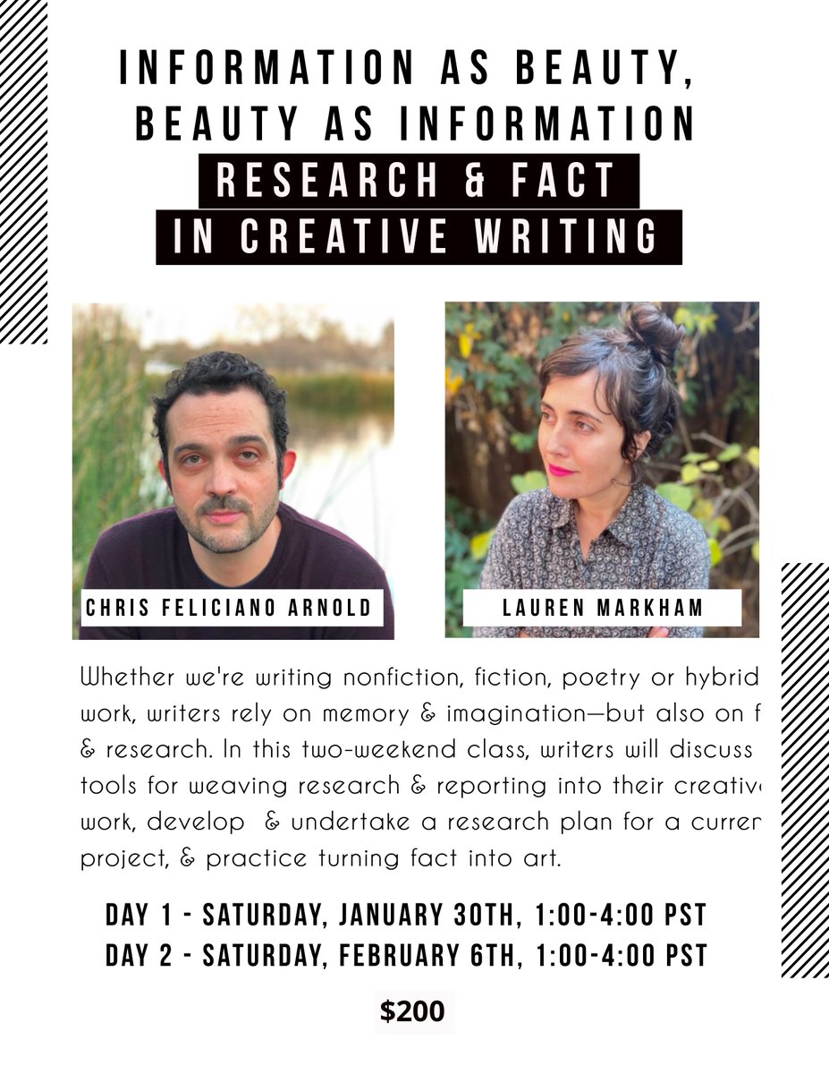 This winter I'll be teaching an online class with the luminous <a href="/LaurenMarkham_/">Lauren Markham</a>. Over two Saturdays, we'll be studying how writers can artfully and ethically weave research and facts into their creative work. Learn more and register here: forms.gle/sK7A3saG7wRvXy…