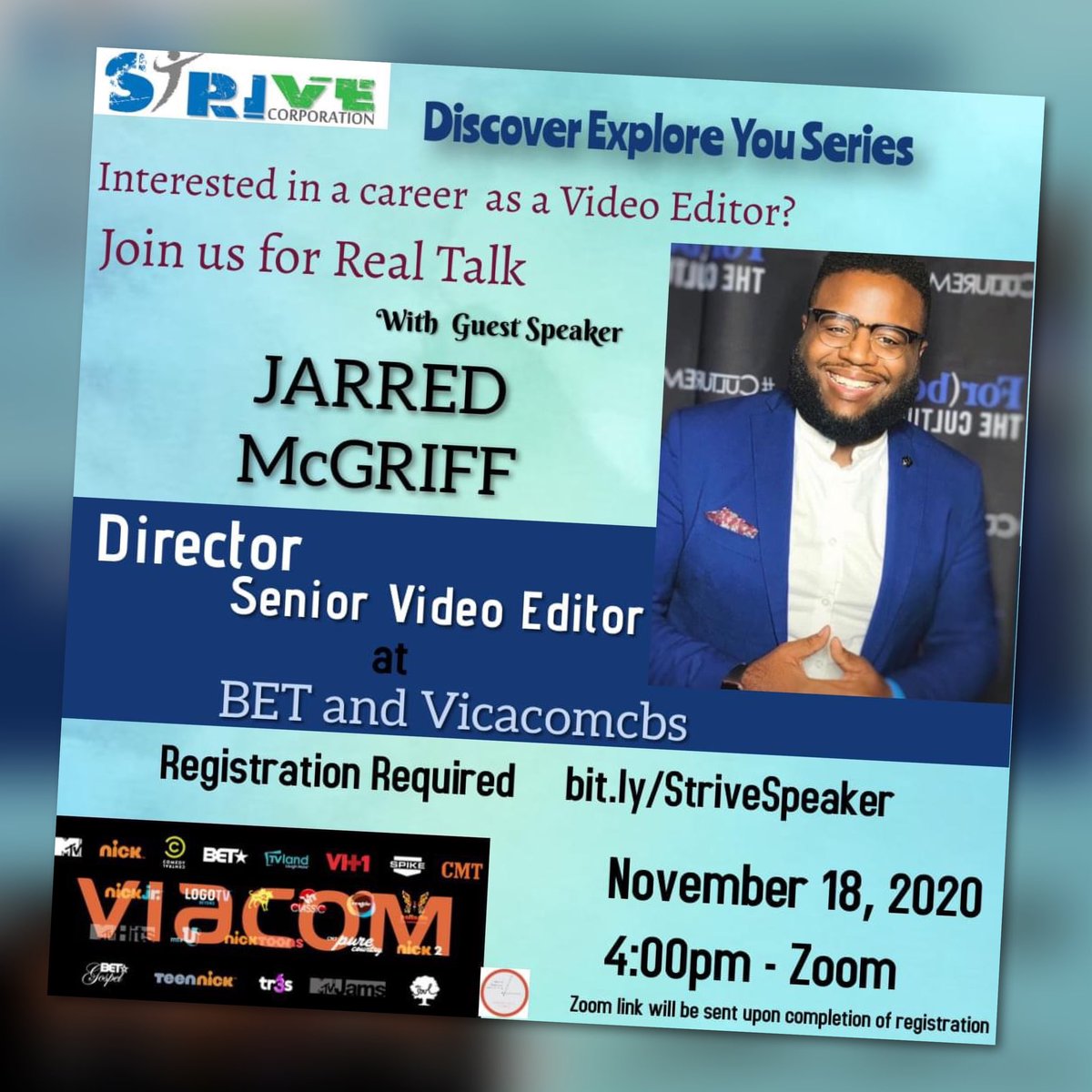strivecares's tweet photo. High School Students!  Stay Connected! 

Check out our session with Jarred McGriff discussing his life as Director Senior Video Editor at BET and Viacom. Career guest speakers bring a unique opportunity for you, the student, to relate to your passion and the world of work. https://t.co/DHBBSV1ZZY